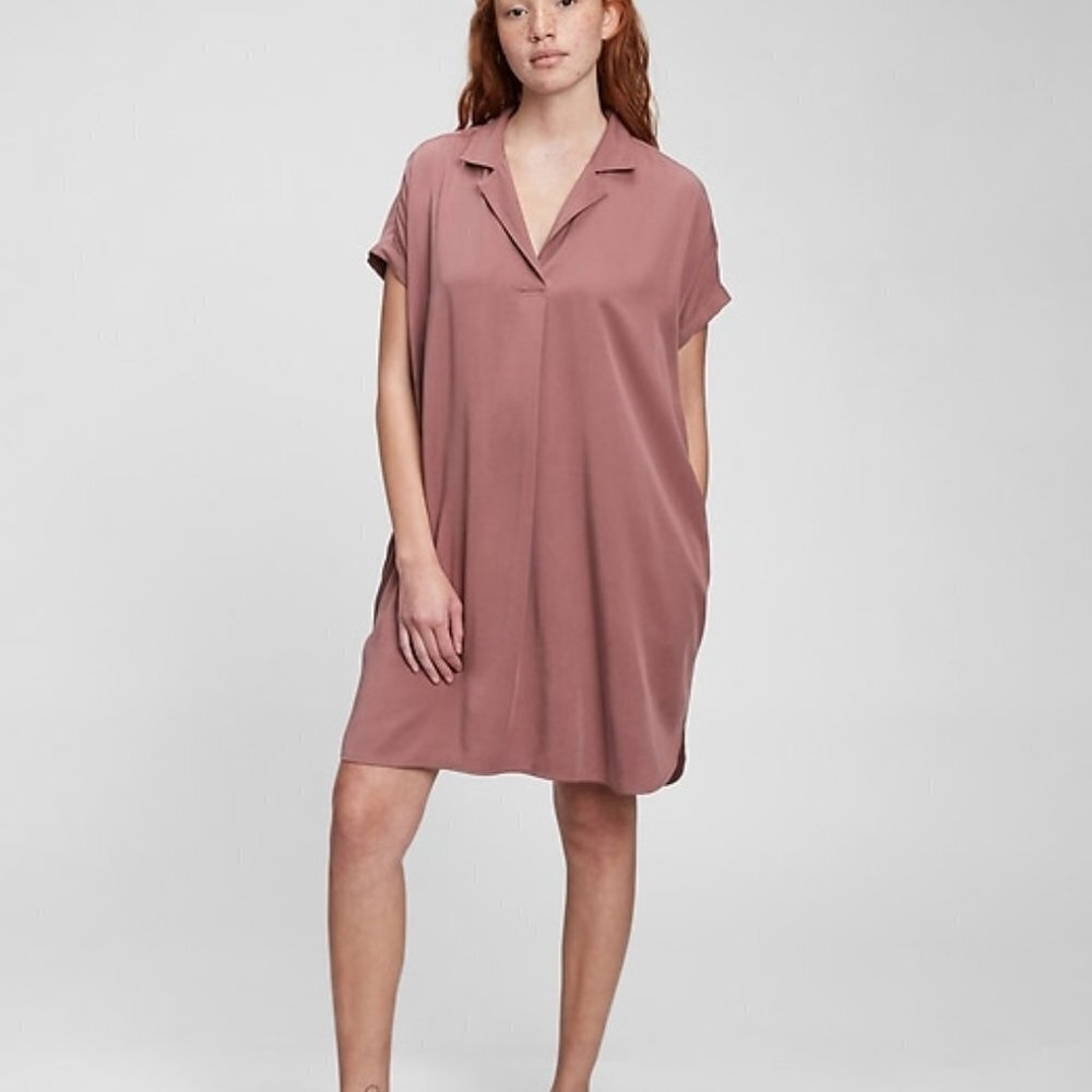 Gap Womens Purple Pink Collared Pocket Shirt Tunic Short Sleeve Dress Size Small
